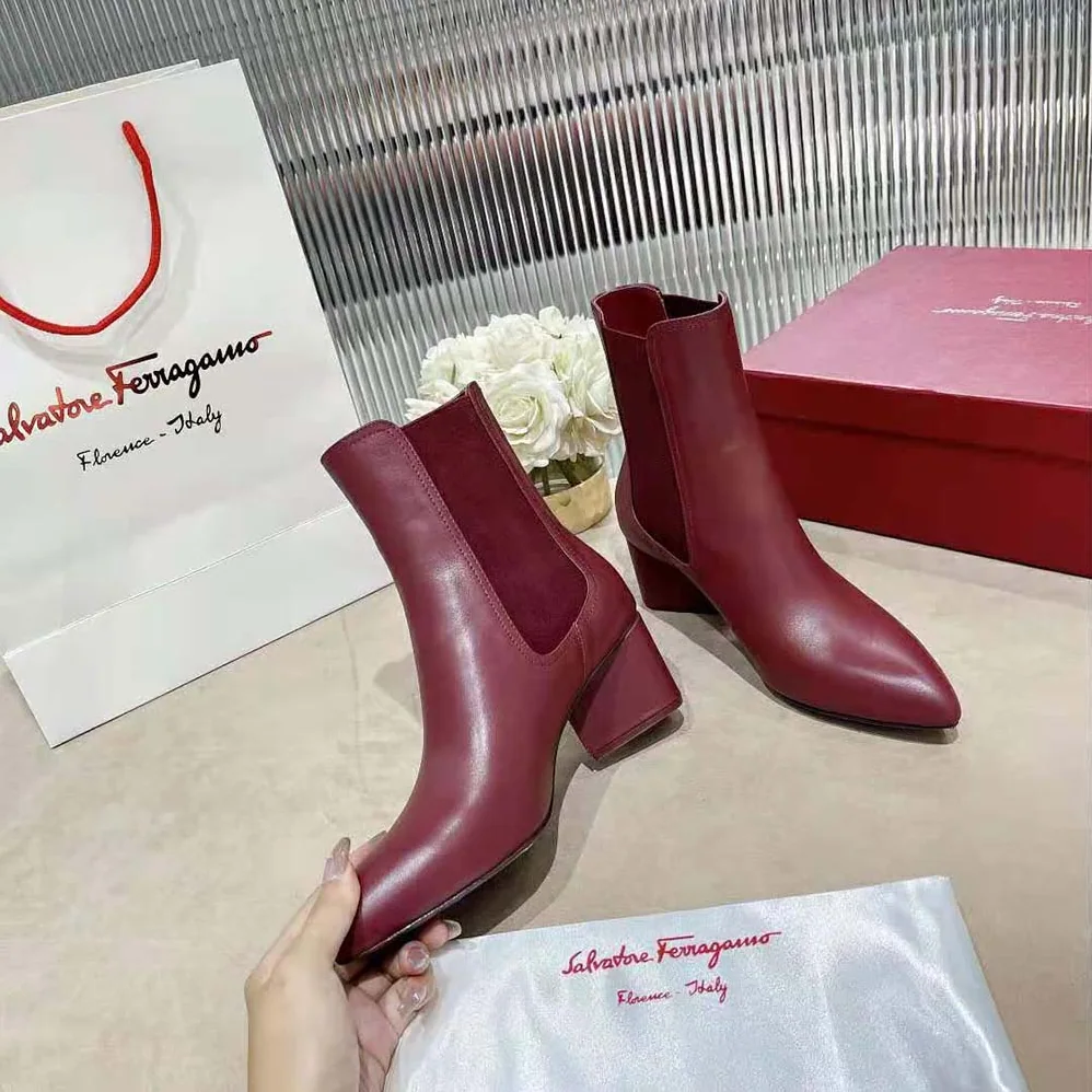 Salvatore Ferragamo Chelsea Boot in 55mm Heel for Women in Maroon Salvatore Ferragamo Chelsea Boot in 55mm Heel for Women in Maroon