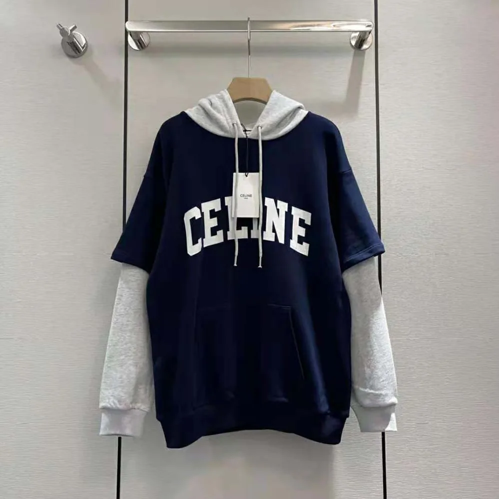 Celine Two-Tone Hoodie in Cotton Fleece for Women in Navy