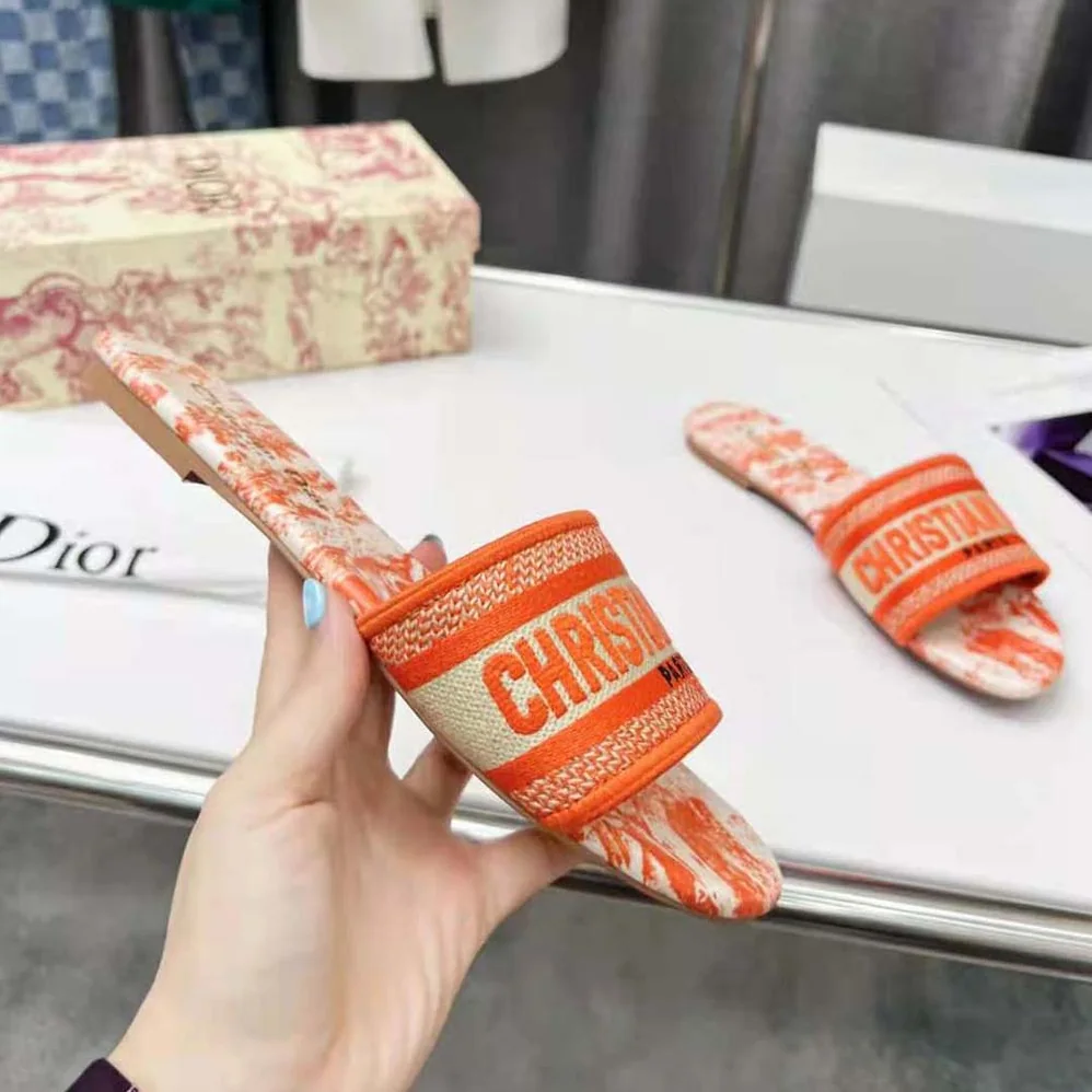 Dior Dway Slide Bright Orange Toile De Jouy Embroidered Cotton for Women