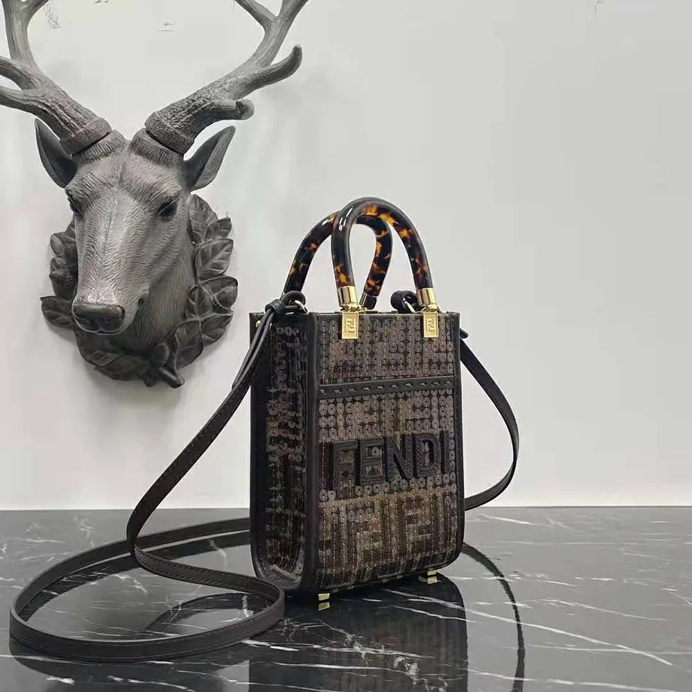 Fendi Mini Sunshine Shopper Brown FF Jacquard Fabric Mini Bag with Sequins for Women