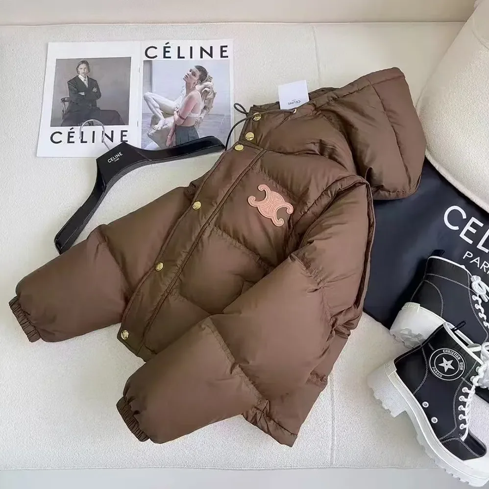 Celine Triomphe Cropped Down Jacket in Lightweight Nylon for Women in Brown