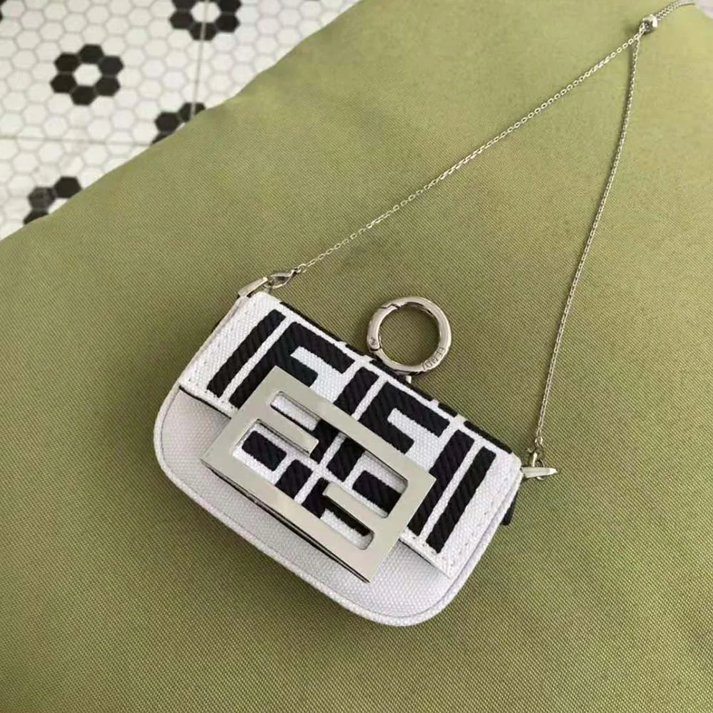 Fendi Nano Baguette Charm Embroidered white Canvas Fendi Charm for Women Fendi Nano Baguette Charm Embroidered white Canvas Fendi Charm for Women