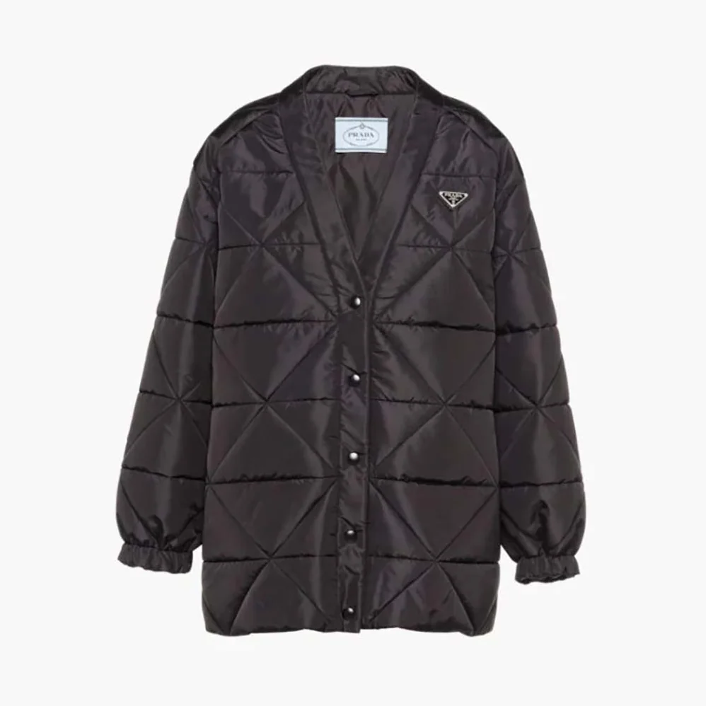 Prada Emblematic Triangle Quilted Re-Nylon Jacket for Women in Black Prada Emblematic Triangle Quilted Re-Nylon Jacket for Women in Black
