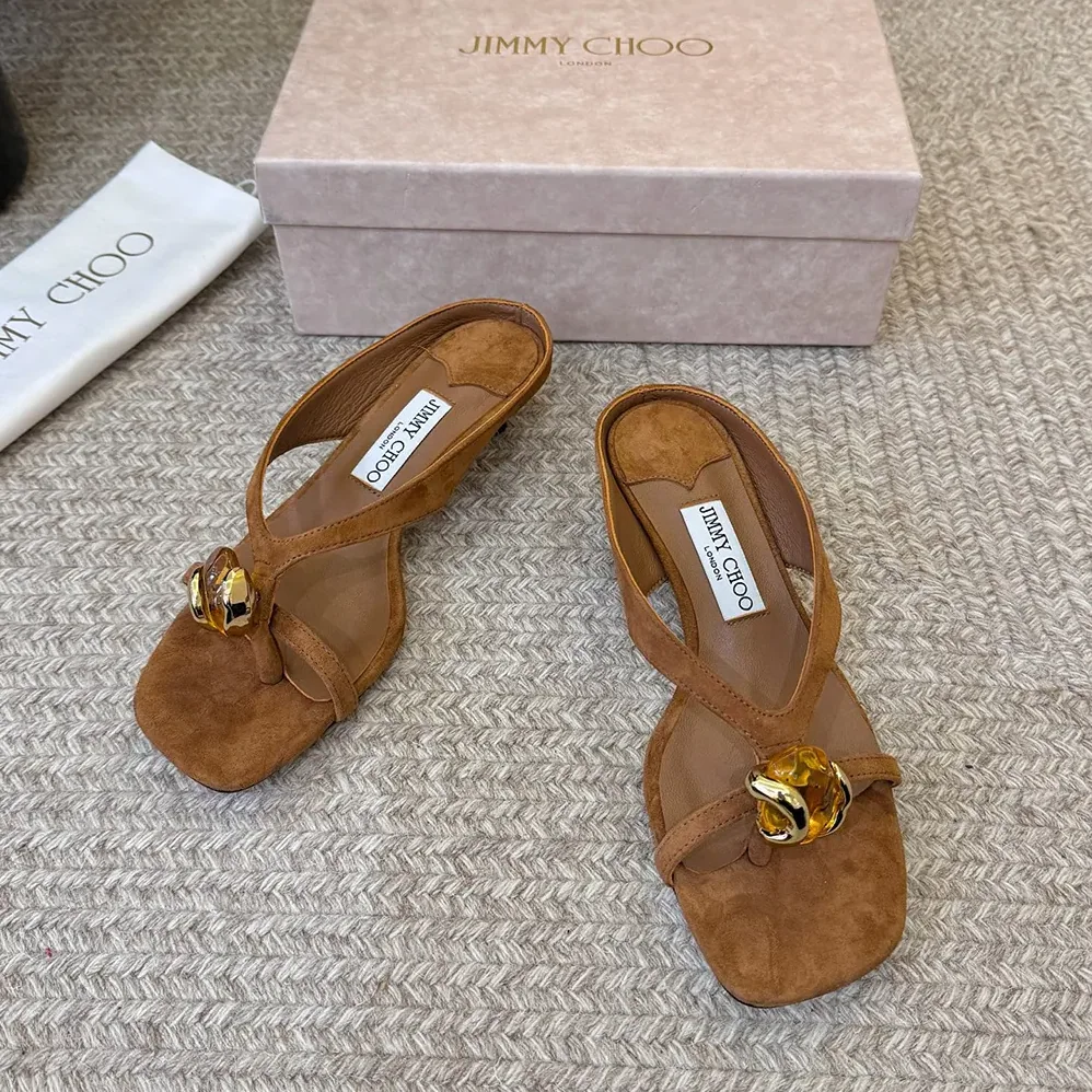 Jimmy Choo Emeri Stone 35 Tan Suede Sandals with Stone Detail for Women