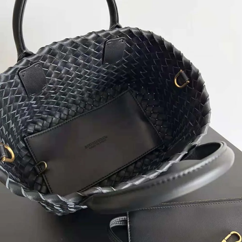 Bottega Veneta Mini Cabat Intreccio Leather Tote Bag with Detachable Strap for Women in Black Bottega Veneta Mini Cabat Intreccio Leather Tote Bag with Detachable Strap for Women in Black