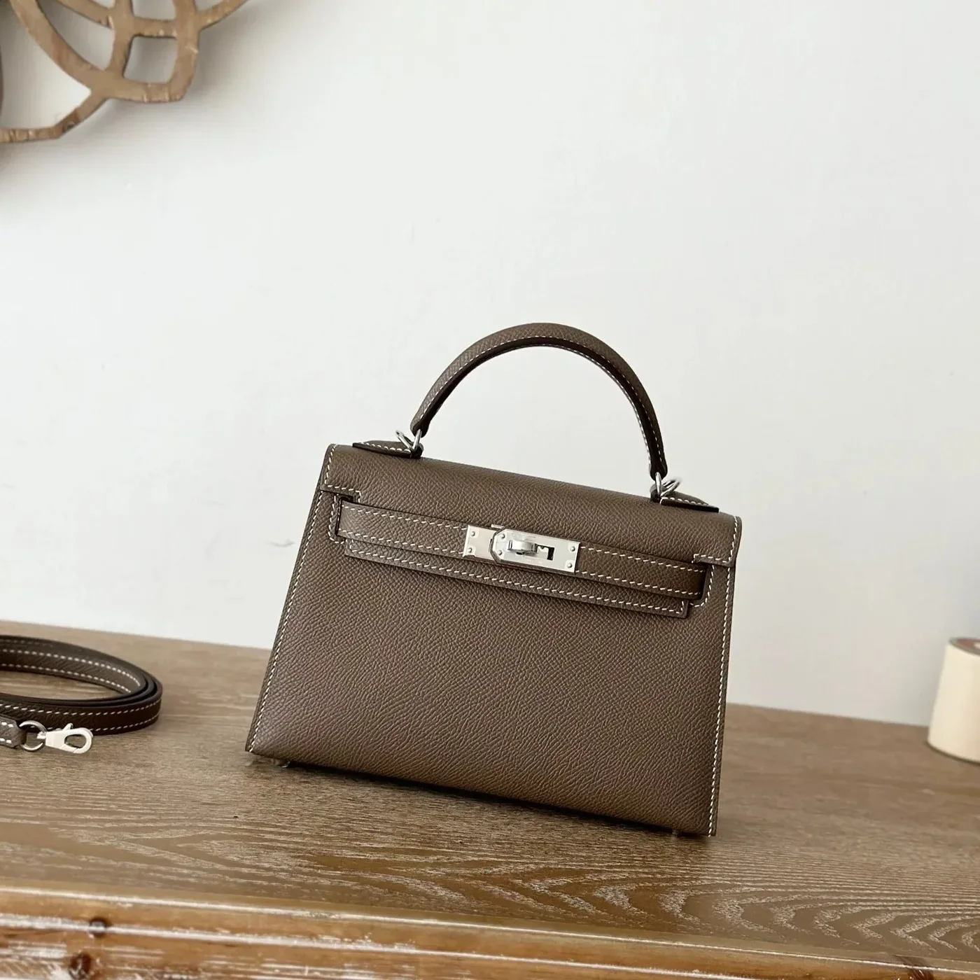 Hermes Kelly Mini Top Handle Bag in Etoupe Epsom Palladium Hardware