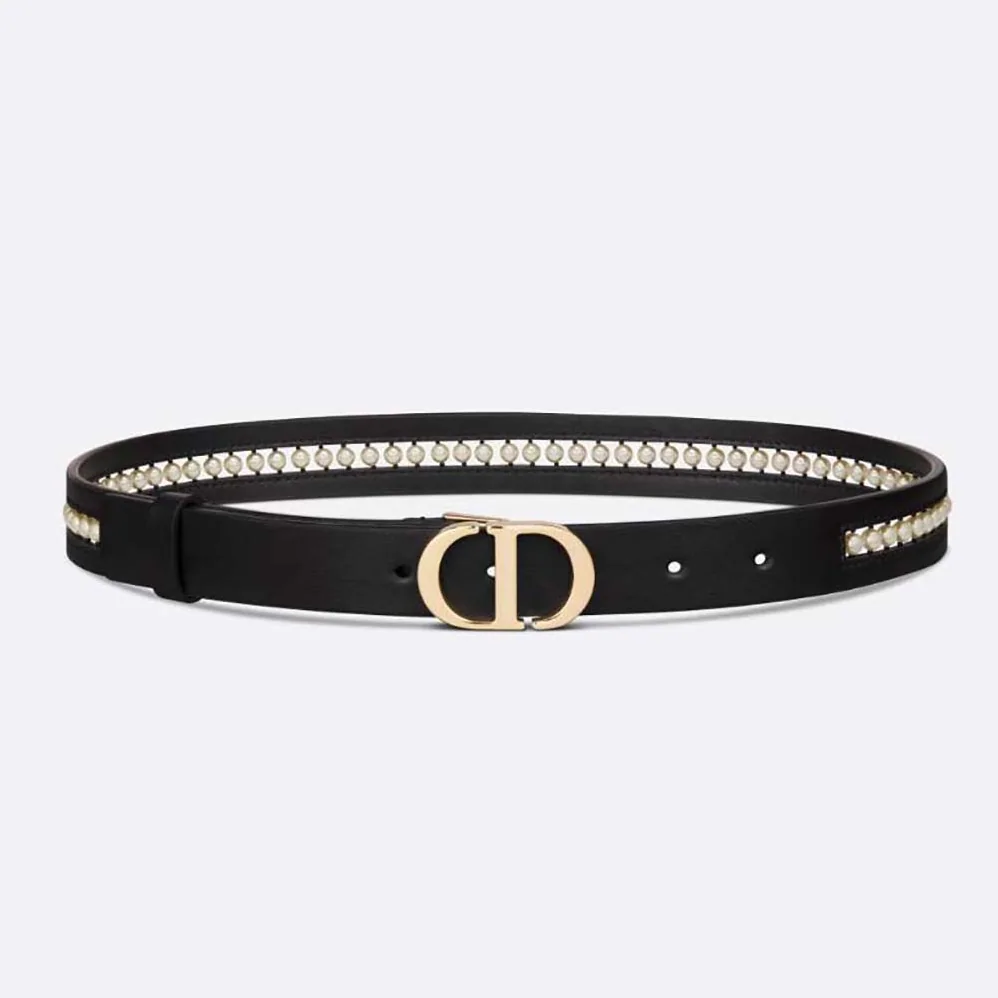 Dior 30 Montaigne Belt Black Smooth Calfskin and White Glass Pearls 25 MM for Women Dior 30 Montaigne Belt Black Smooth Calfskin and White Glass Pearls 25 MM for Women