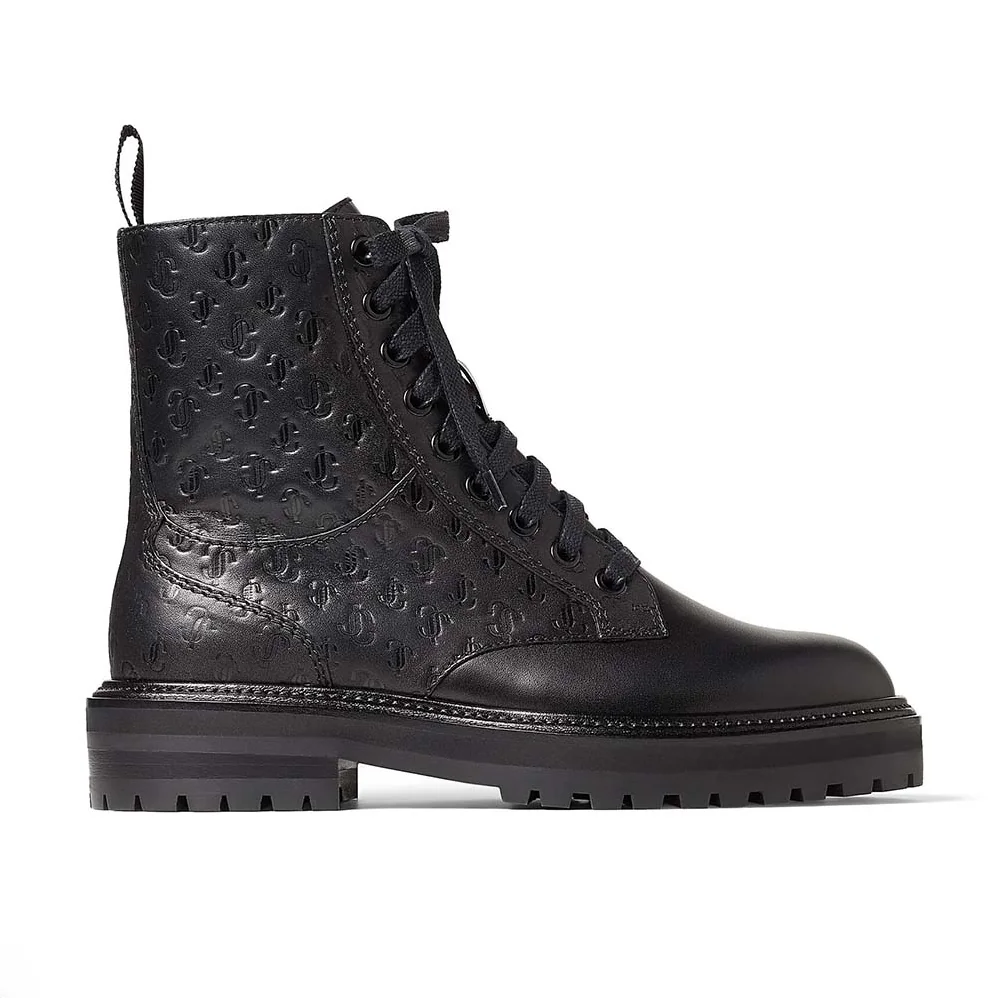 Jimmy Choo Cora Flat Black JC Monogram Leather Mix Combat Boots for Women