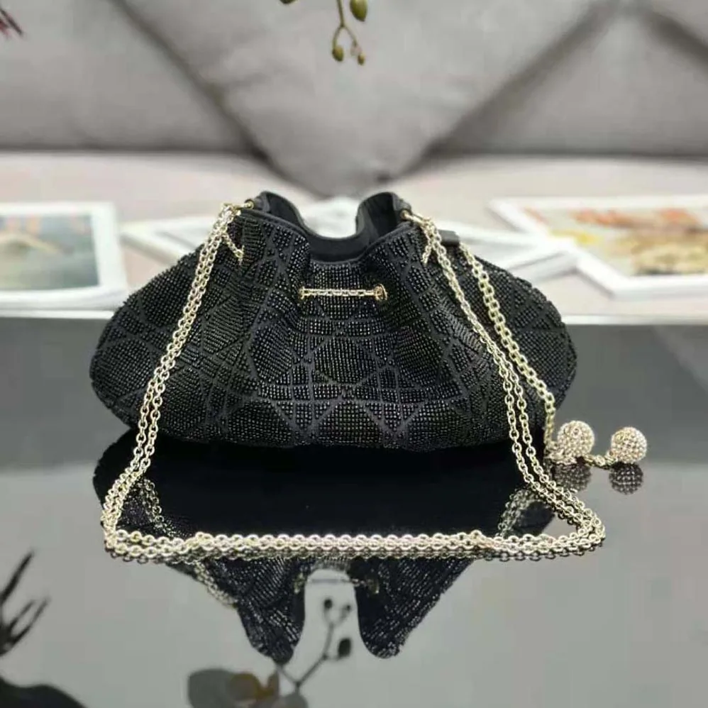 Dior Dior Dream Bucket Bag Black Cannage Cotton with Bead Embroidery for Women