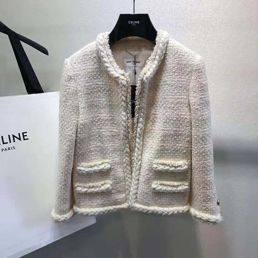 Saint Laurent YSL Short Jacket in Check Wool and Silk Tweed for Women Saint Laurent YSL Short Jacket in Check Wool and Silk Tweed for Women