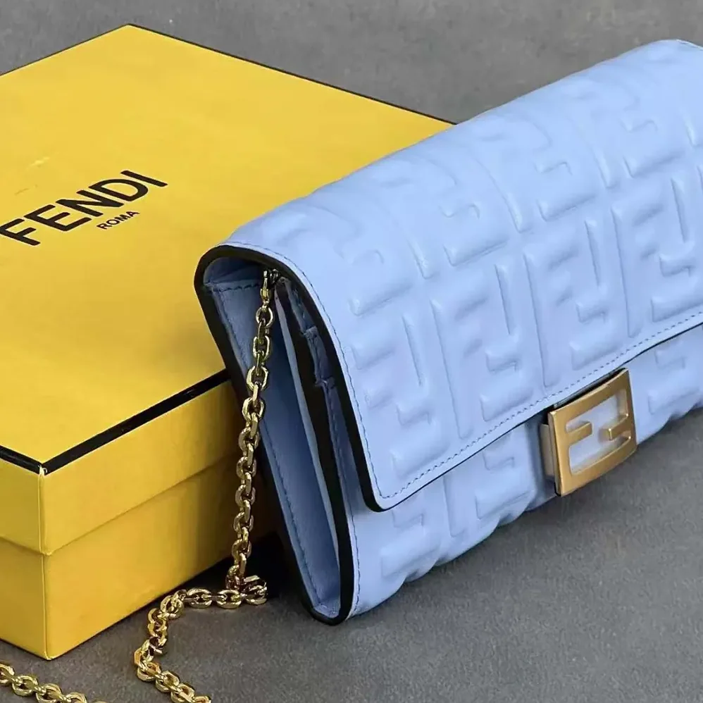 Fendi Baguette Continental Wallet With Chain Blue Nappa Leather Wallet for Women