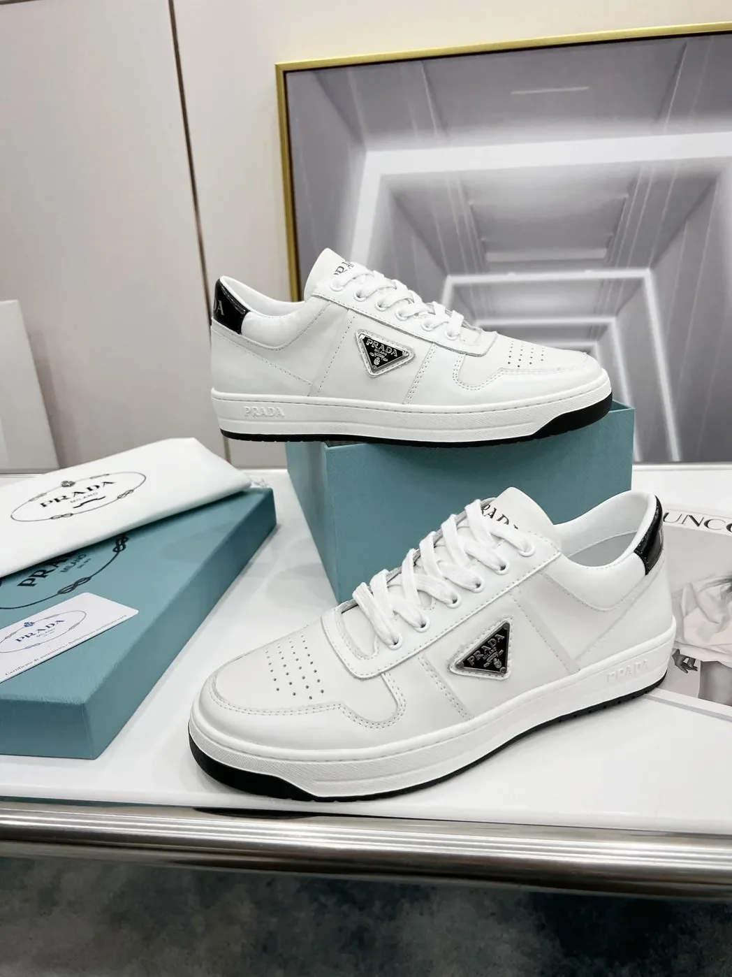 Prada Downtown Perforated Sneakers White in Black /