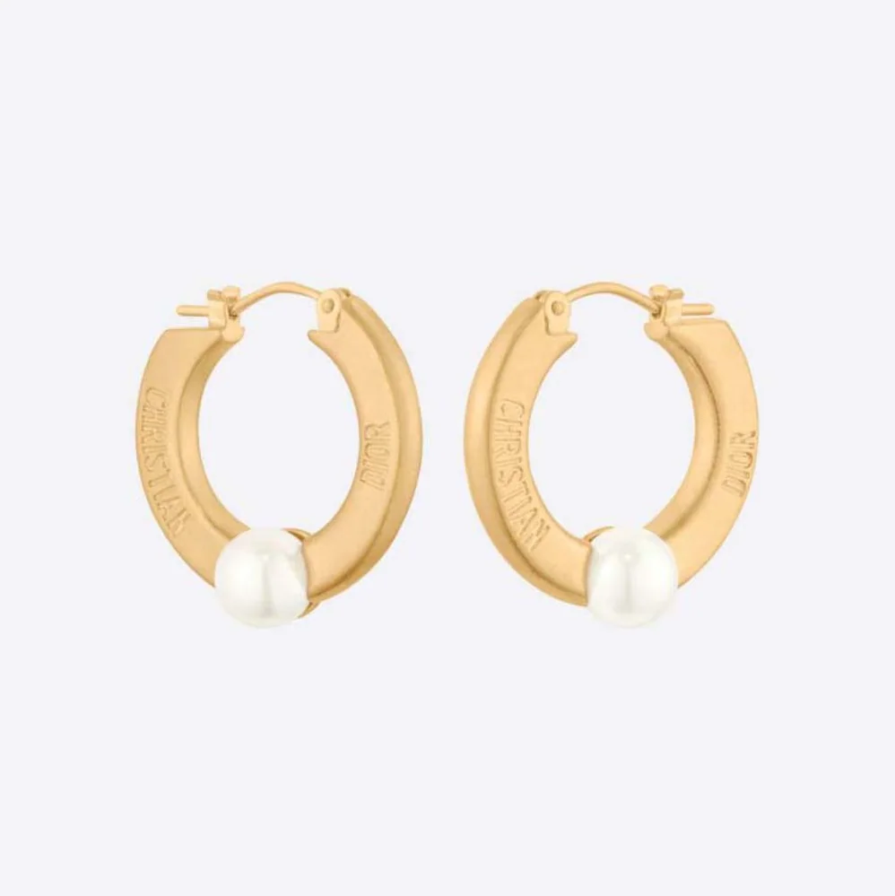 Dior CD Navy Earrings Gold-Finish Metal and White Resin Pearls for Women