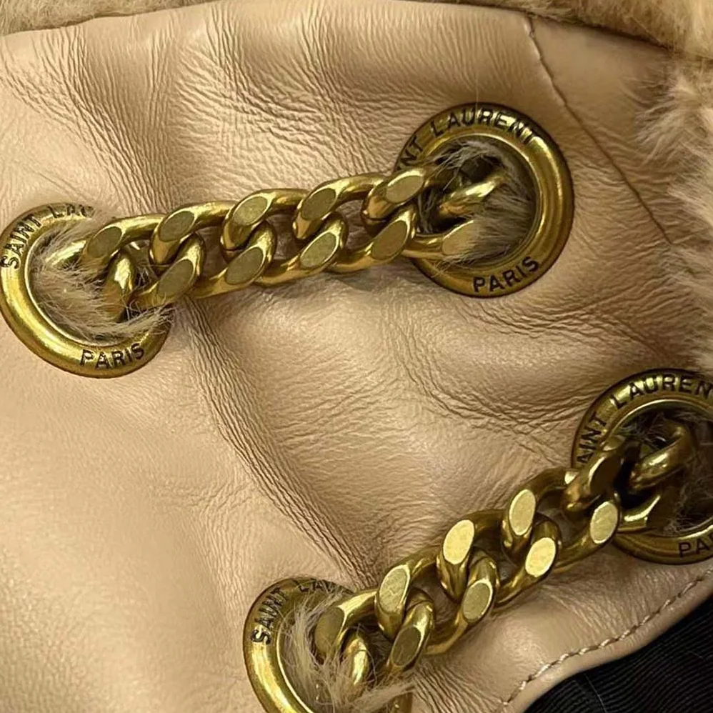 Saint Laurent YSL Puffer Small Bag in Merino Shearling and Lambskin for Women in Sandy Saint Laurent YSL Puffer Small Bag in Merino Shearling and Lambskin for Women in Sandy