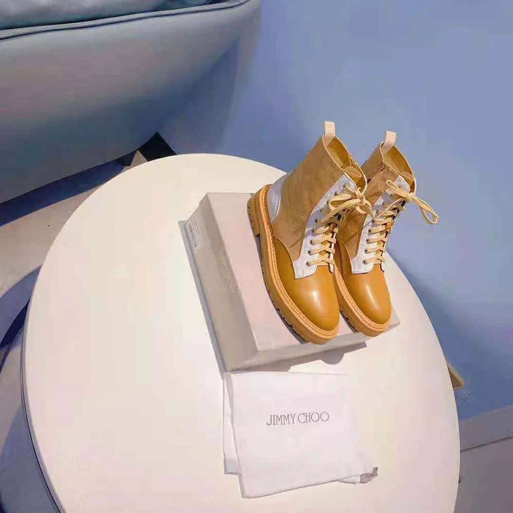 Jimmy Choo Cora Flat Caramel JC Monogram Leather Mix Combat Boots for Women