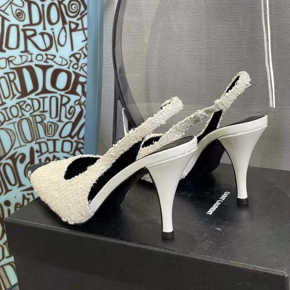 Saint Laurent YSL Vesper Slingback Pumps in Boucle Tweed for Women in White