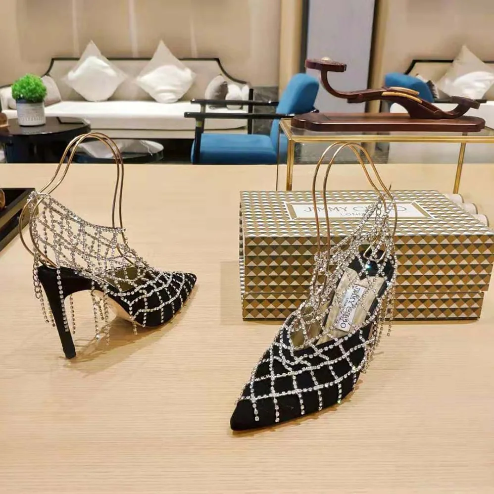 Jimmy Choo Scotty 110 Black Suede Mules with Crystal Chains for Women