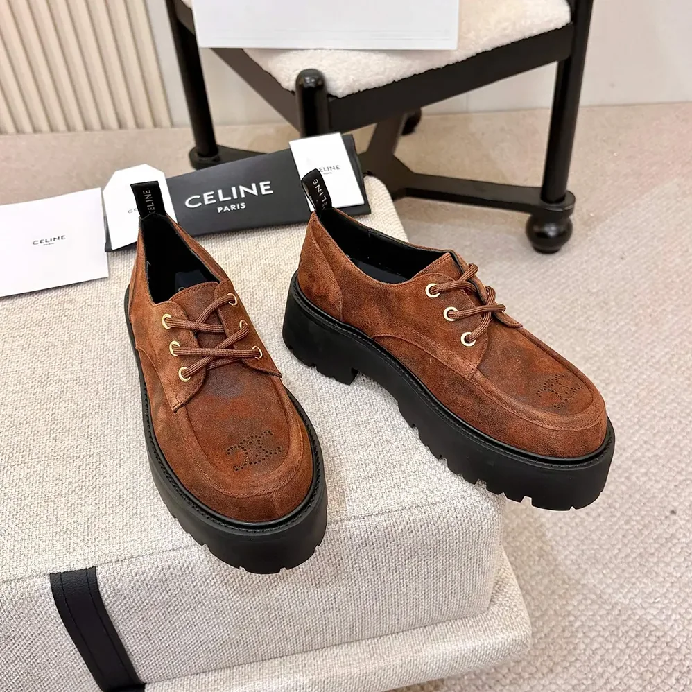 Celine Triomphe Derbies in Waxed Suede Calfskin for Women in Brown