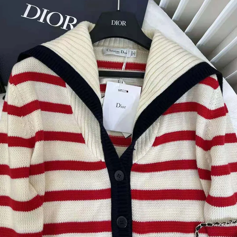 Dior Mariniere Cardigan Red and Ecru D-Stripes Ribbed Wool and Cashmere Knit for Women