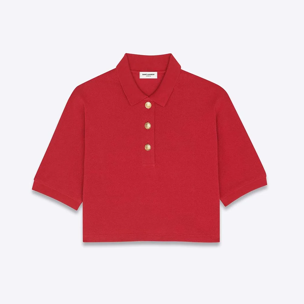 Saint Laurent YSL Cropped Polo Shirt in Cotton Piqué for Women in Red Saint Laurent YSL Cropped Polo Shirt in Cotton Piqué for Women in Red