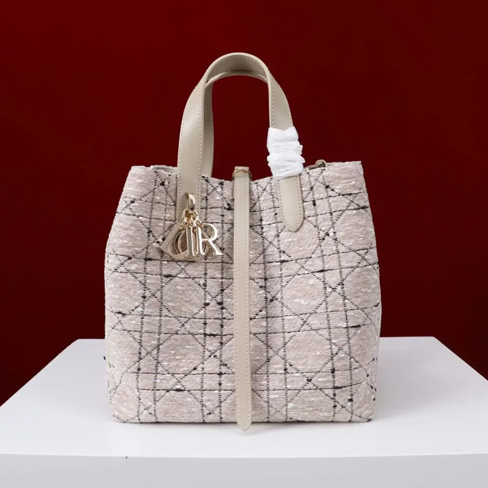 Dior Medium Dior Toujours Vertical Tote Bag Beige Tweed with Black Cannage Motif for Women