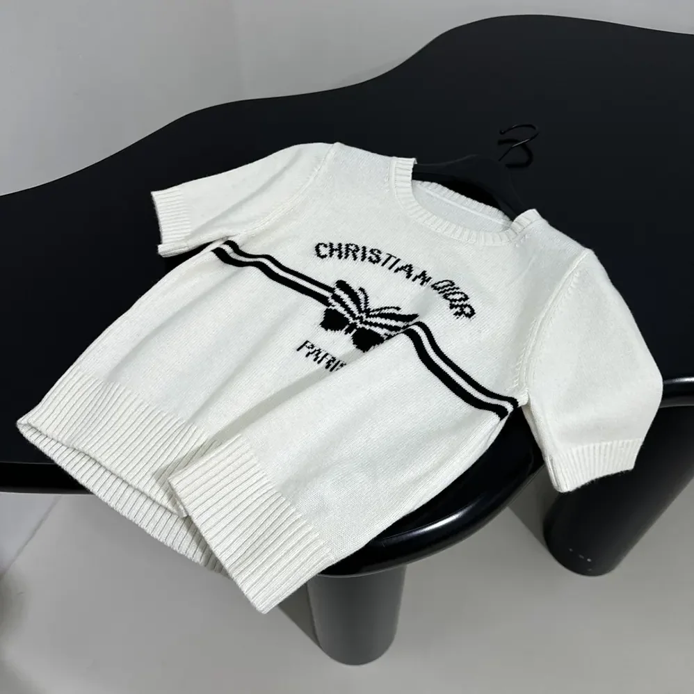 Dior Short-Sleeved Sweater White Cashmere Knit with Black Christian Dior Papillon Motif for Women