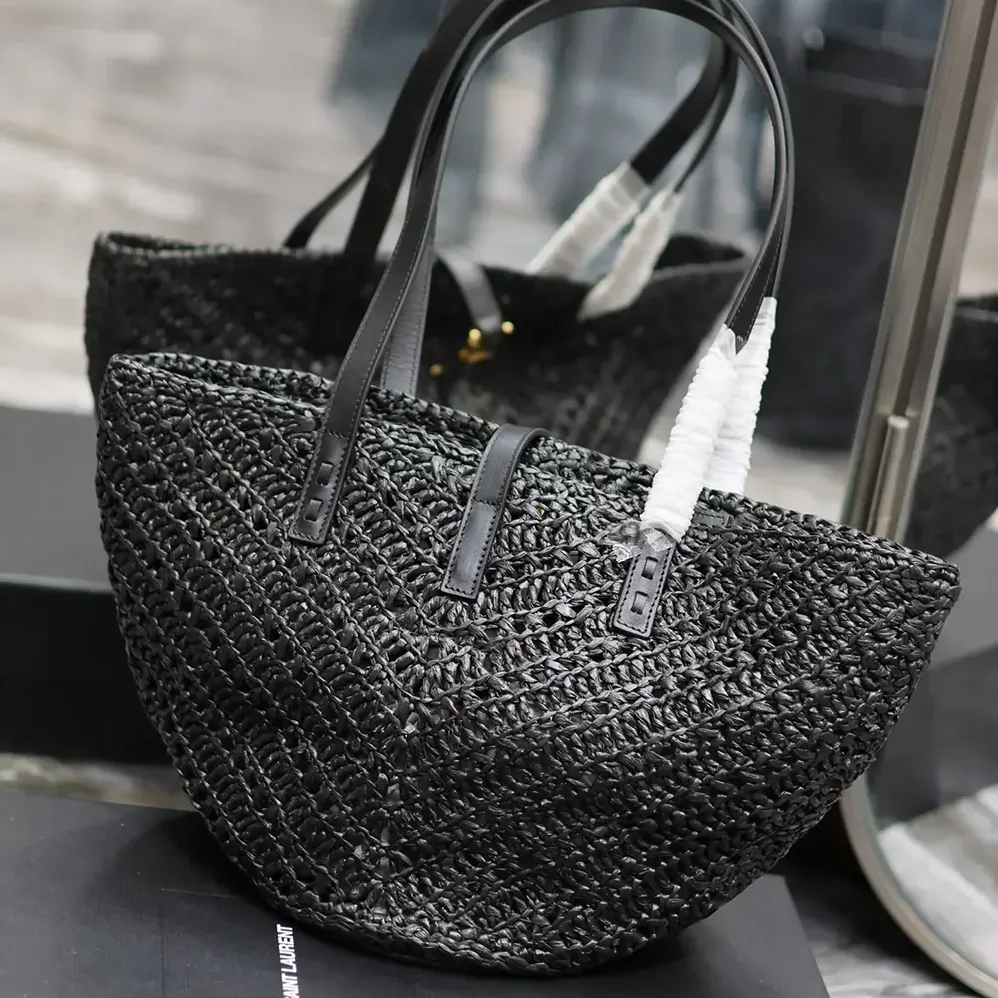 Saint Laurent YSL Panier Small in Raffia and Vegetable-tanned Leather for Women in Black
