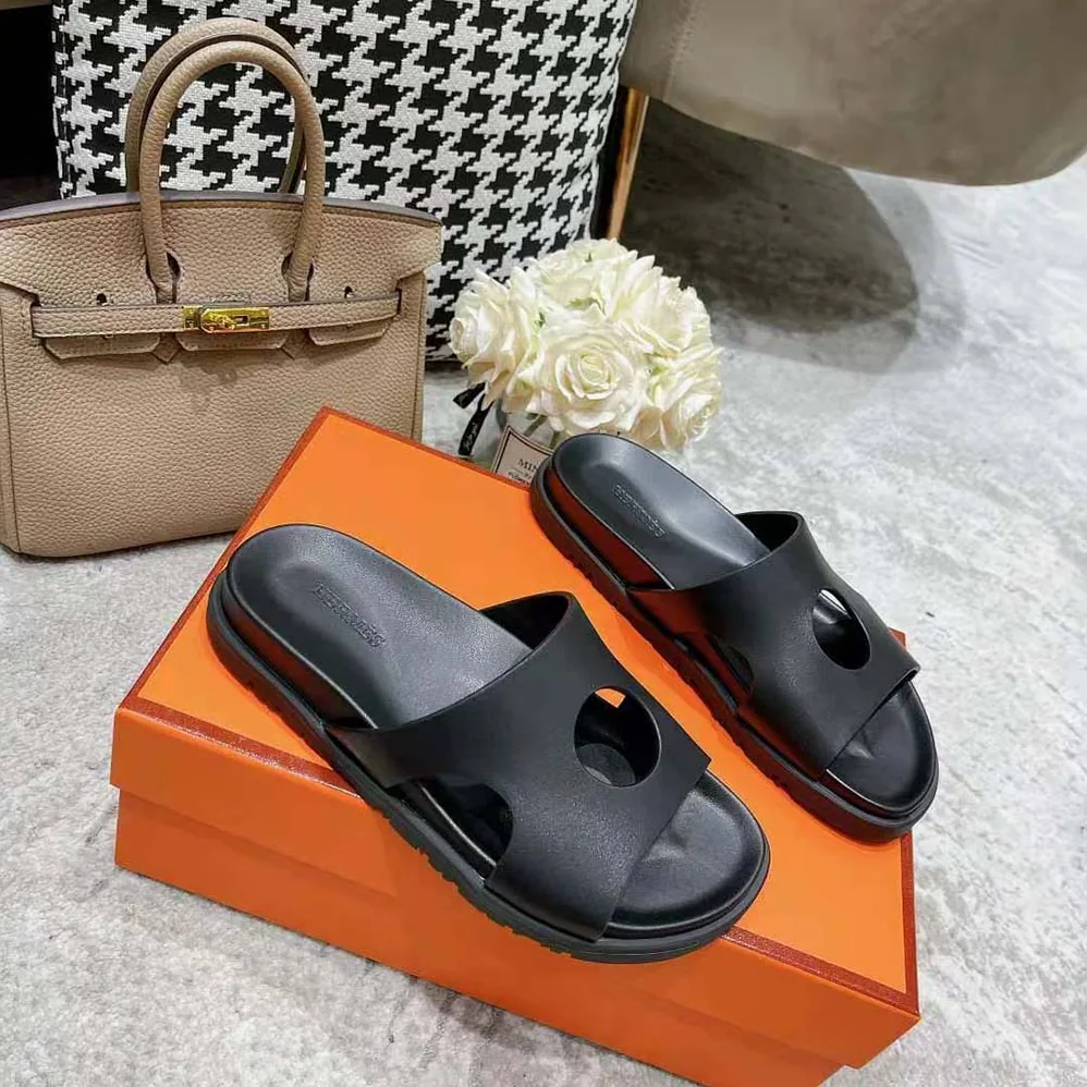 Hermes Edith Sandal in Calfskin with Perforated Upper for Women in Black