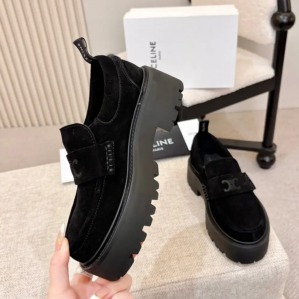 Celine Triomphe Loafers in Suede Calfskin for Women in Black Celine Triomphe Loafers in Suede Calfskin for Women in Black