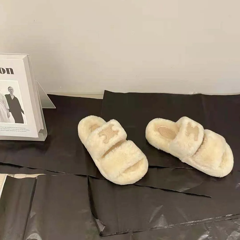 Celine Fur Slides Triomphe Open Slides in Shearling for Women