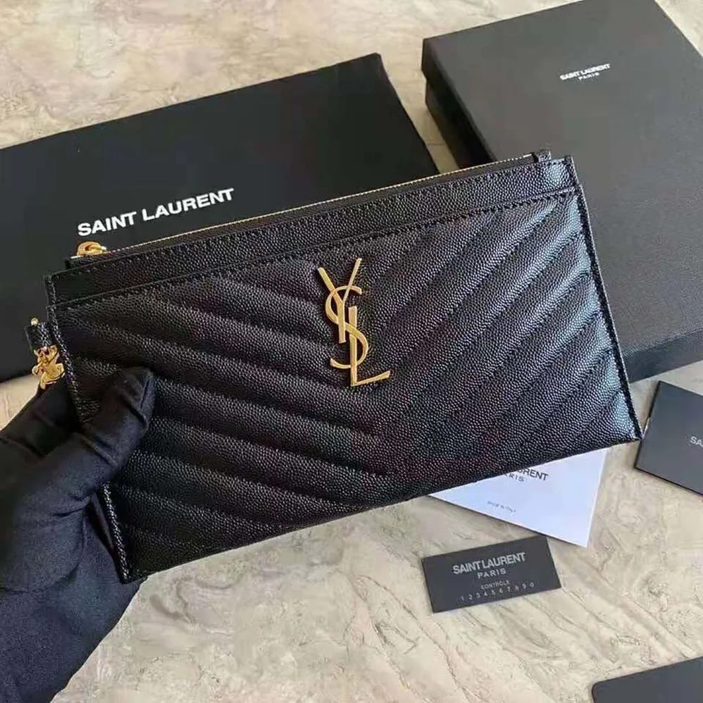 Saint Laurent YSL Large Monogram Bill Pouch in Grain DE Poudre Embossed Leather for Women in Black