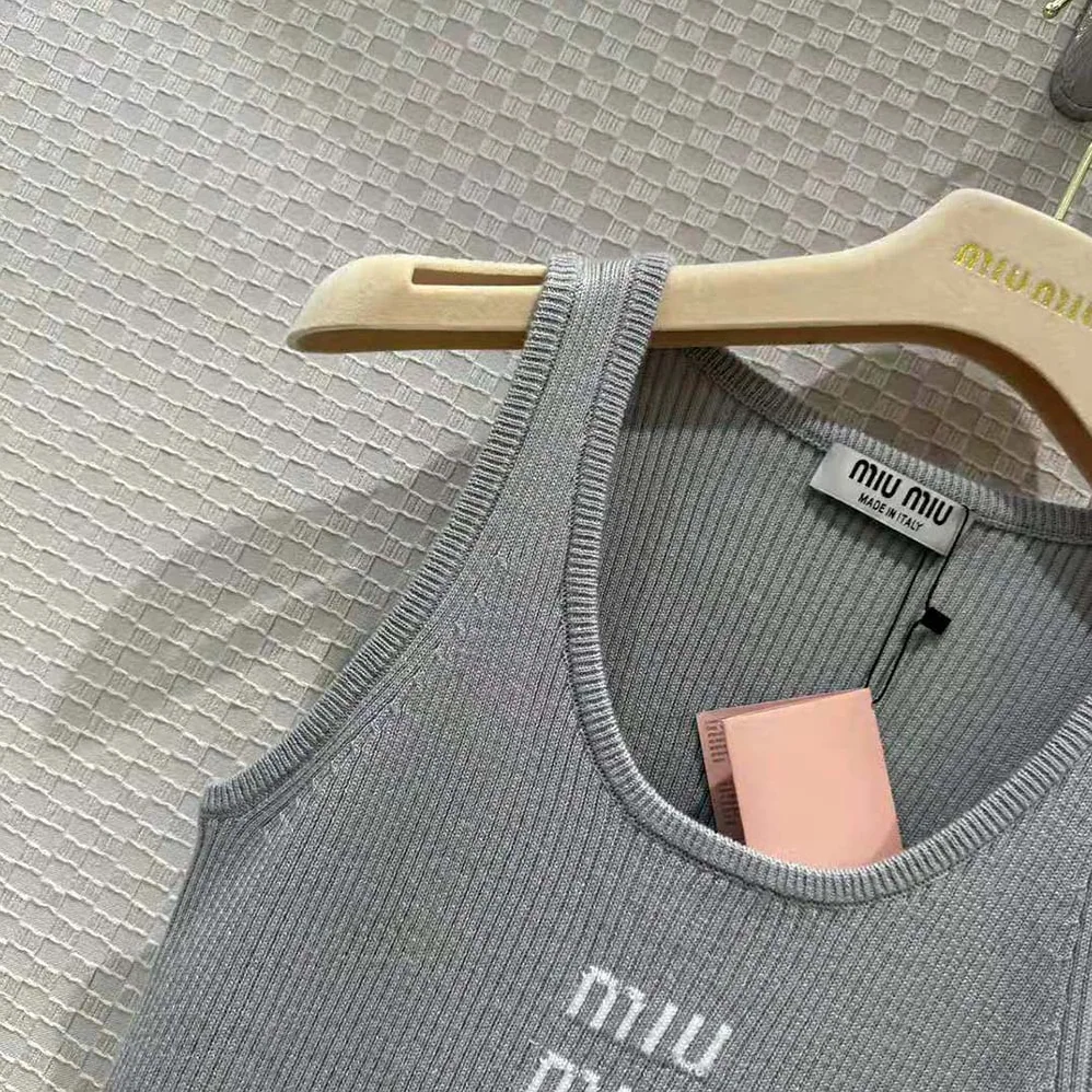 Miu Miu Cotton Knit Tank Top for Women in Silver