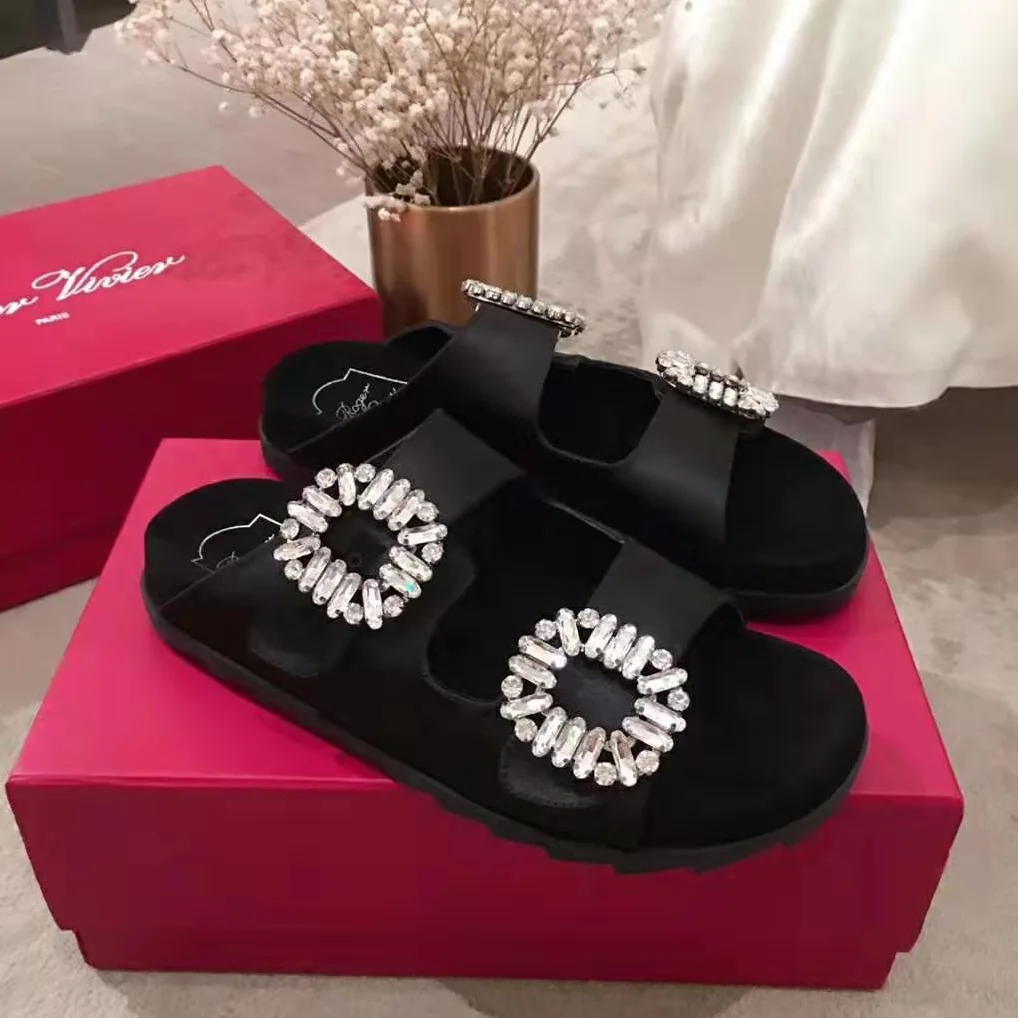 Roger Vivier Slidy Viv' Strass Buckle Sandals Silk Satin for Women in Black Roger Vivier Slidy Viv' Strass Buckle Sandals Silk Satin for Women in Black