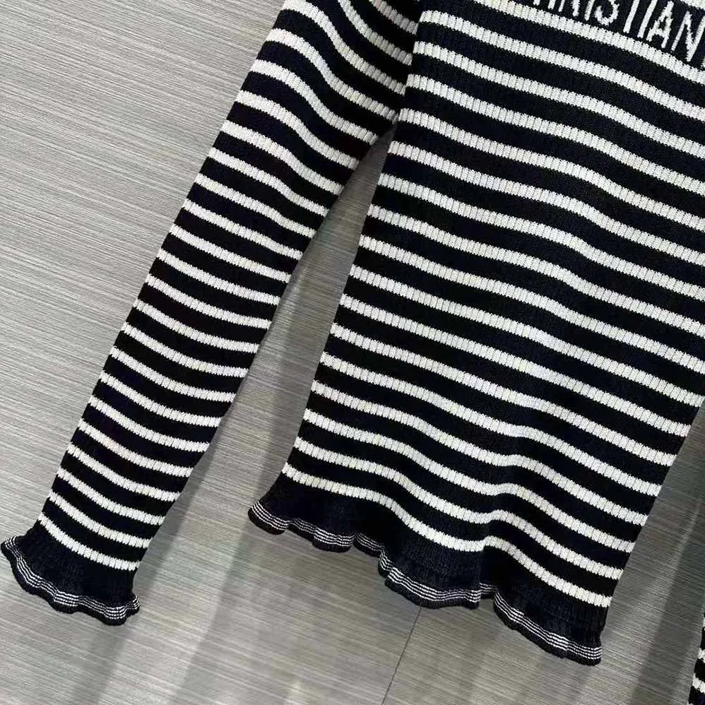 Dior Sweater Navy Blue and White Cotton Ribbed Knit with Signature for Women