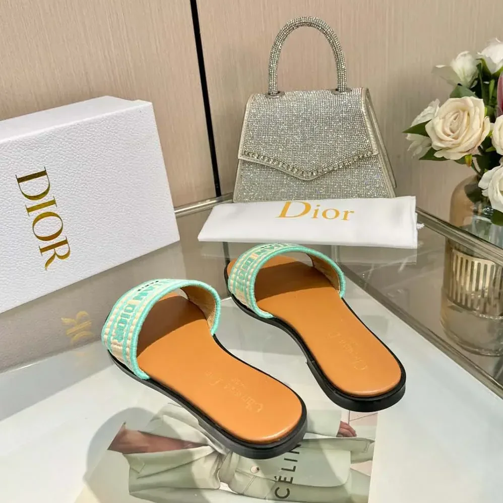 Dior Dioriviera Dway Slide Natural Raffia and Aquamarina Embroidered Cotton for Women