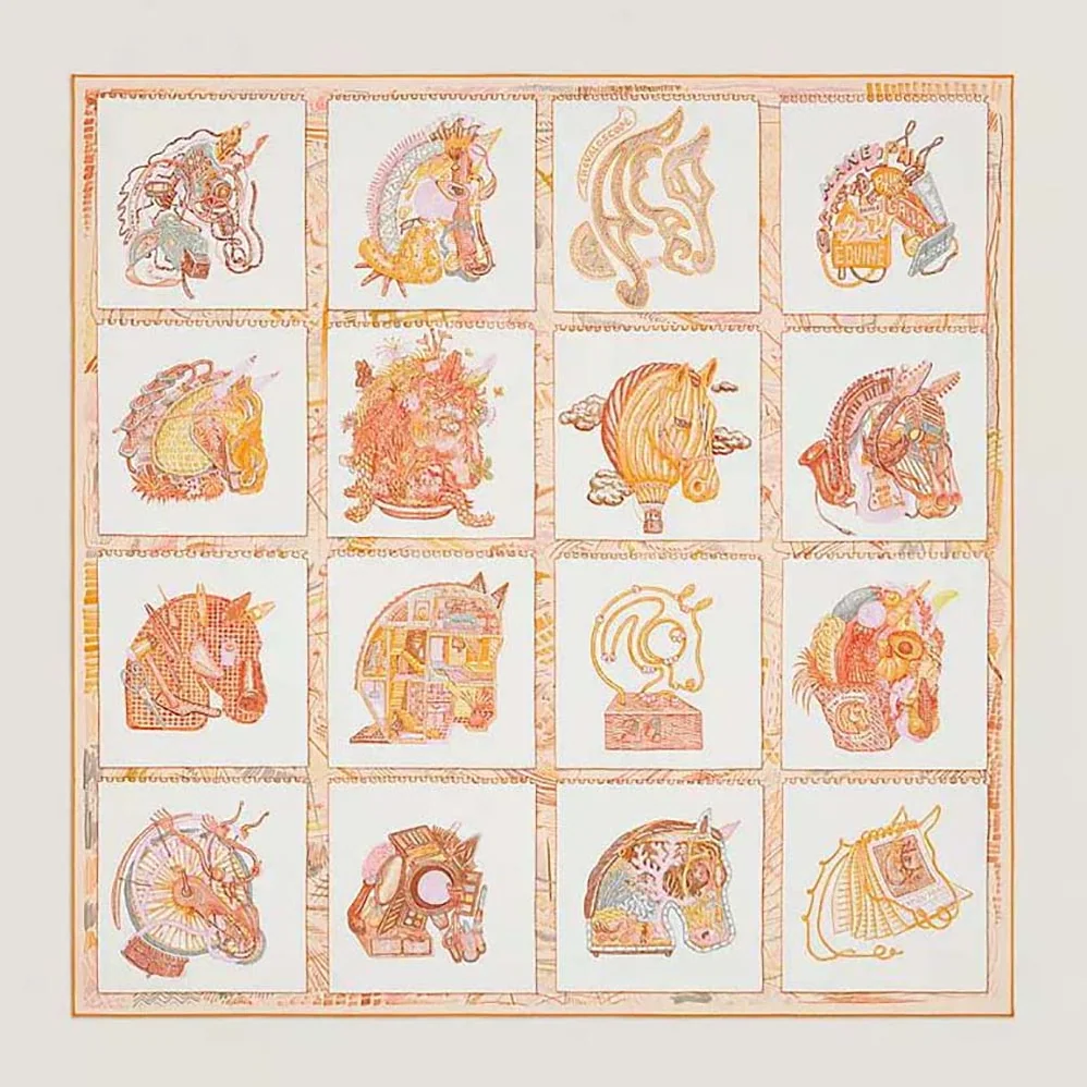 Hermes Chevaloscope Scarf 90 in Silk Twill with Hand-Rolled Edges for Women in Orange Hermes Chevaloscope Scarf 90 in Silk Twill with Hand-Rolled Edges for Women in Orange