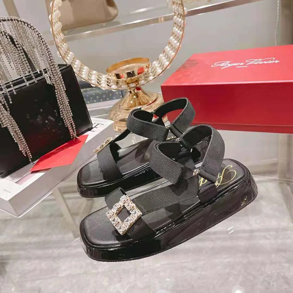 Roger Vivier Vivier Slide Trekky Strass Buckle Sandals in Fabrics for Women Roger Vivier Vivier Slide Trekky Strass Buckle Sandals in Fabrics for Women