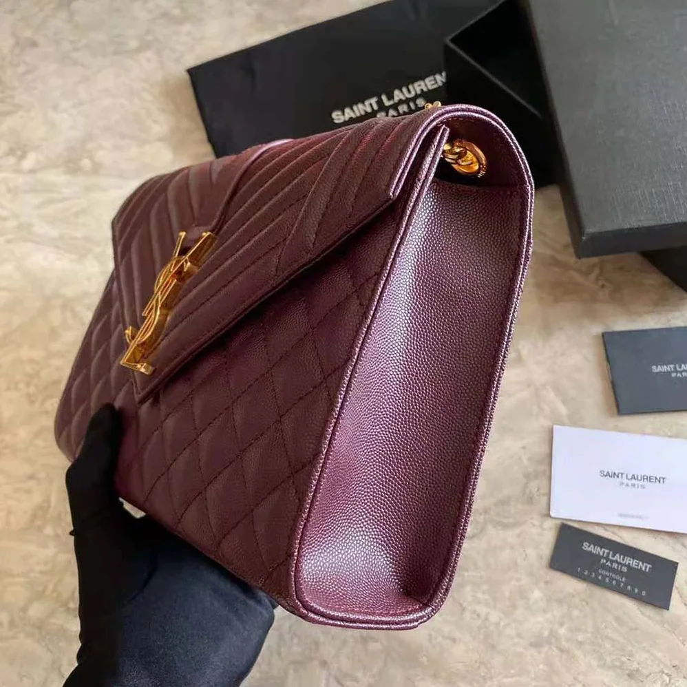 Saint Laurent YSL Envelope Medium Bag in Mix Matelasse Grain DE Poudre Embossed Leather for Women in Maroon