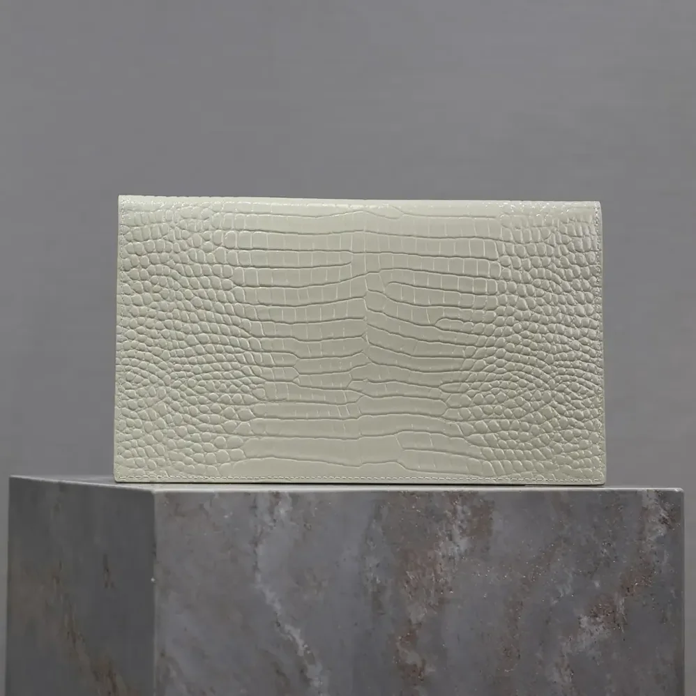 Saint Laurent YSL Uptown Pouch in Crocodile-embossed Shiny Leather for Women in White