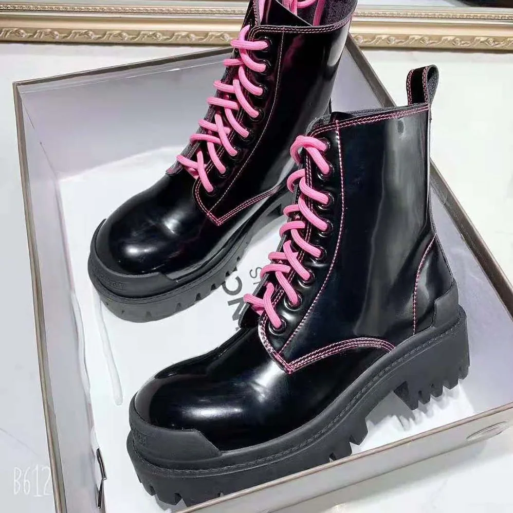 Balenciaga Strike 20mm Lace-Up Boot in Black Matte Calfskin for Women in Pink