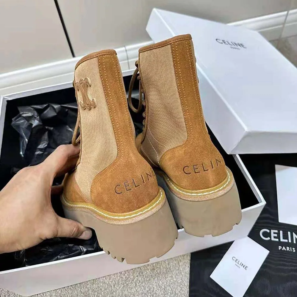 Celine Bulky Lace-up Boot with Triomphe in Nylon & Suede Calfskin for Women