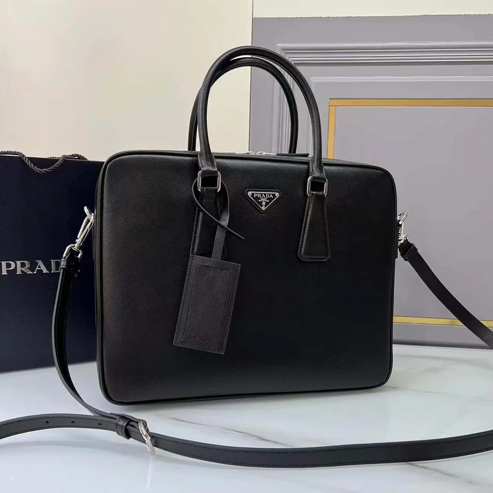 Prada Saffiano Leather Work Bag for Men in Black