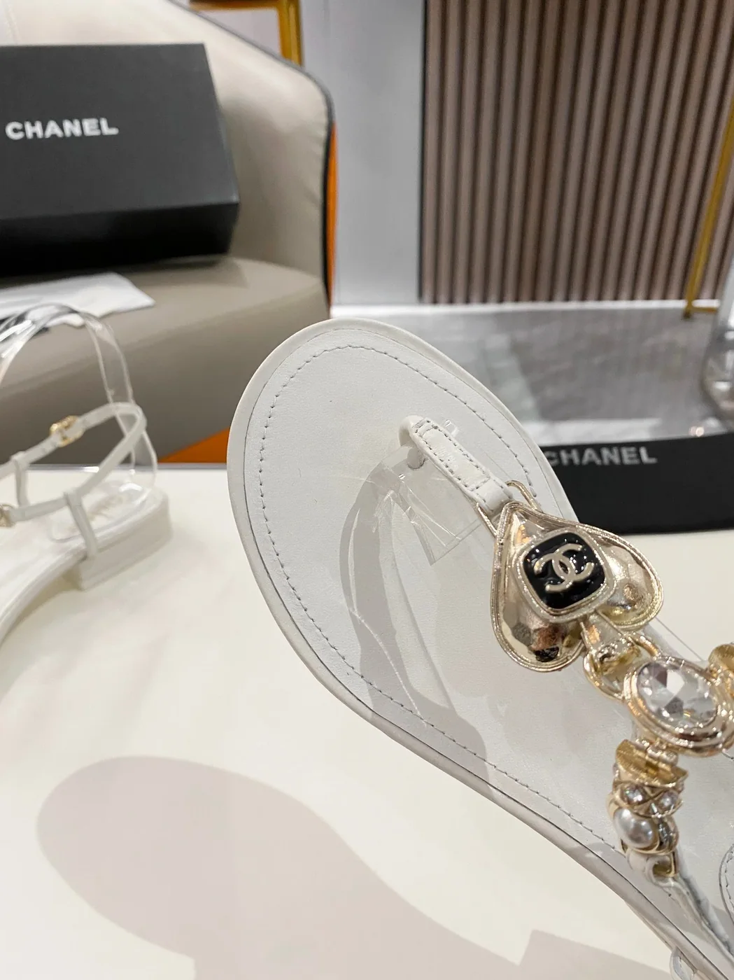 Chanel Crystal Low Heels Flip Flops White