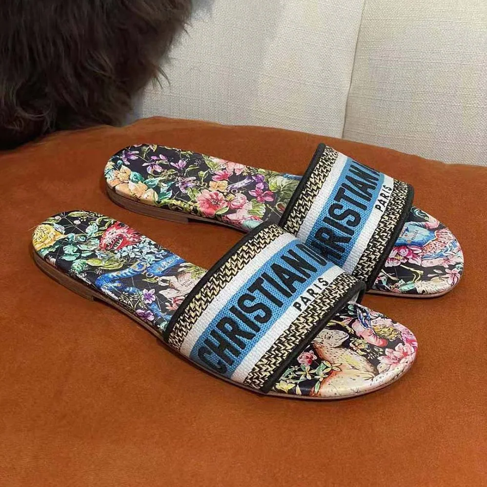 Dior Dway Slide Black Multicolor Embroidered Cotton with D for Women in Constellation Motif
