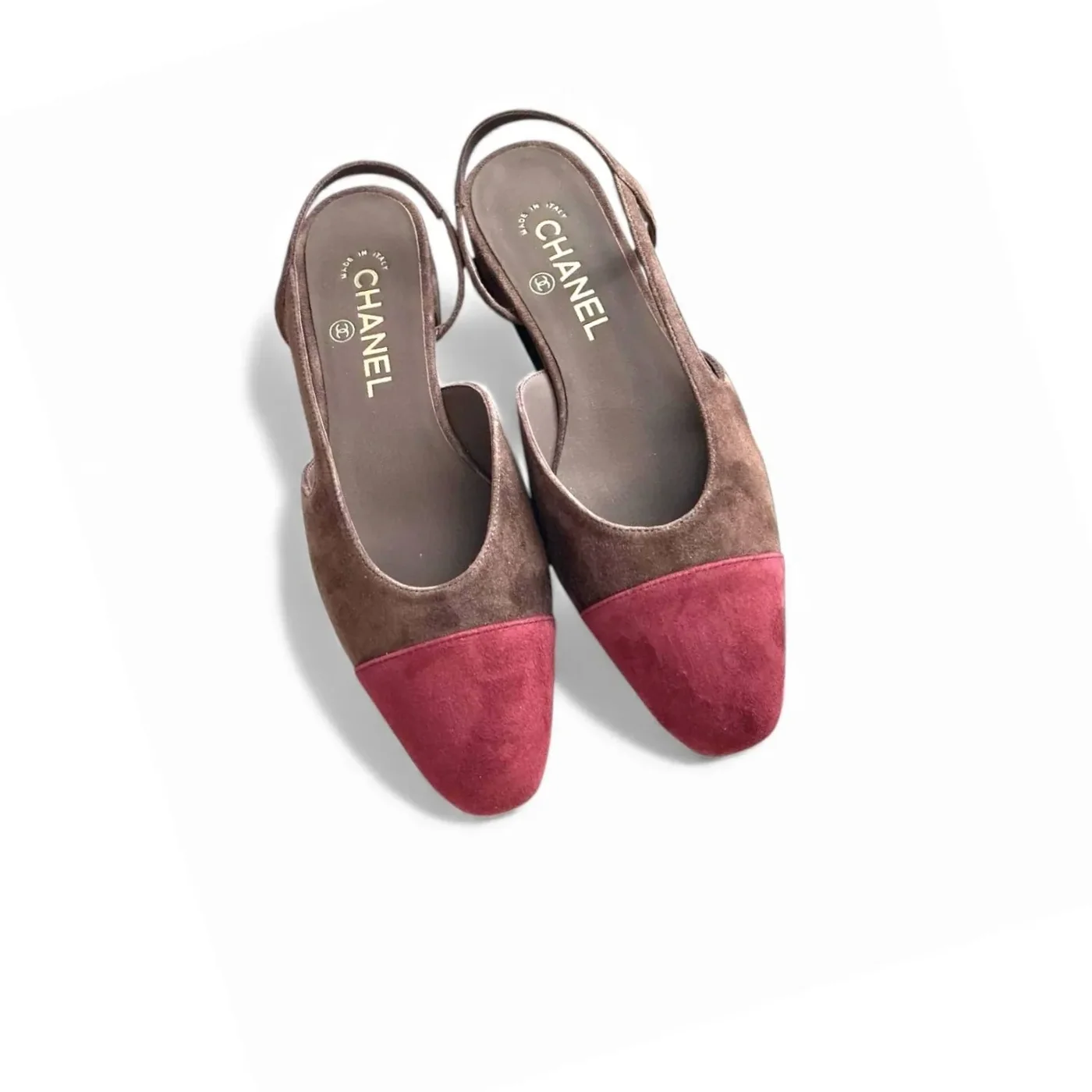 Chanel Suede Two-Tone Slingback Flats Brown/Burgundy Chanel Suede Two-Tone Slingback Flats Brown/Burgundy