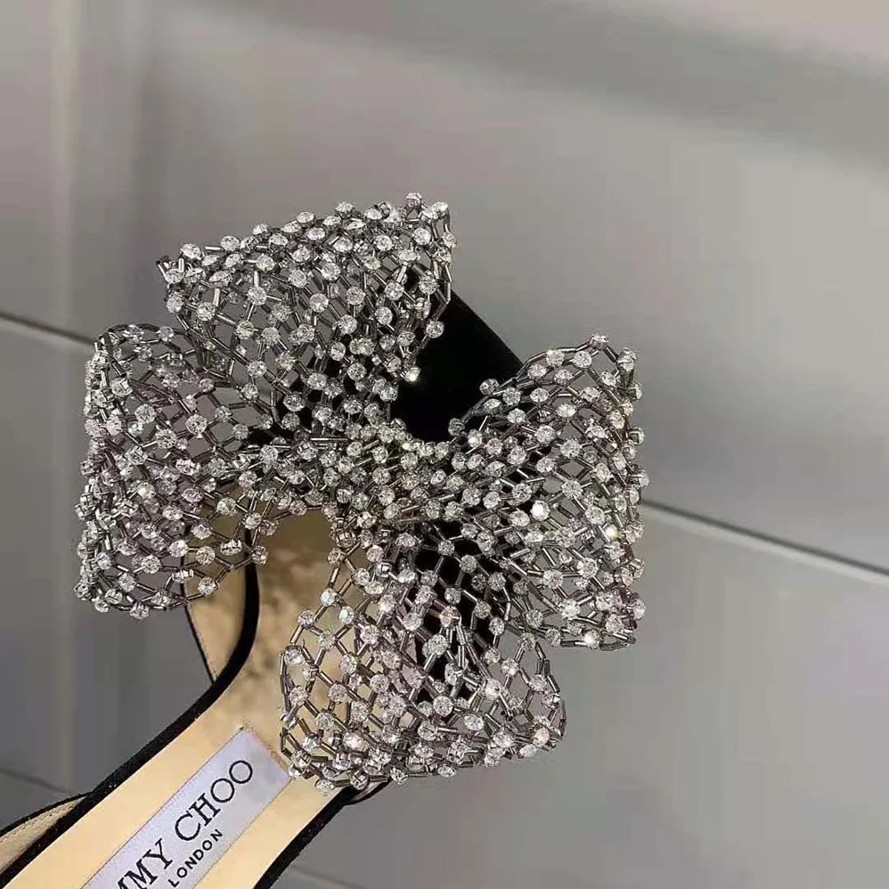 Jimmy Choo Mana 100 Black Suede Sandals with Crystal Bow Clasp for Women Jimmy Choo Mana 100 Black Suede Sandals with Crystal Bow Clasp for Women