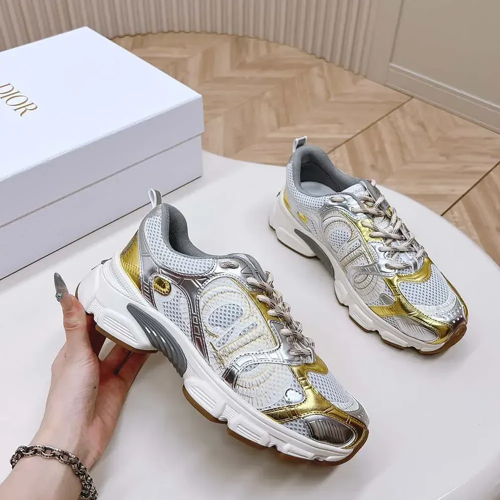 Dior Chrono Sneaker Beige Mesh with Gold-Tone and Silver-Tone Laminated Leather for Women in Effect Panels