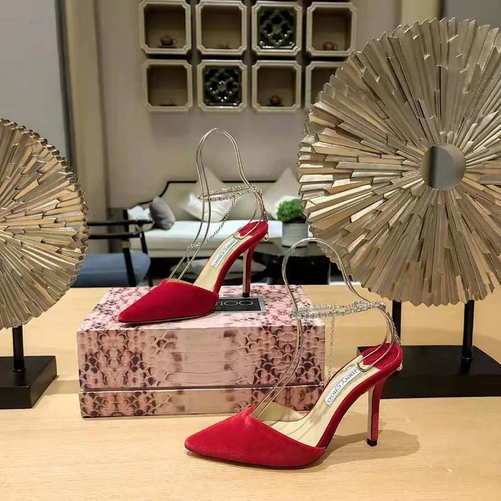 Jimmy Choo Saeda 85 Red Velvet Pumps with Crystal Embellishment for Women Jimmy Choo Saeda 85 Red Velvet Pumps with Crystal Embellishment for Women