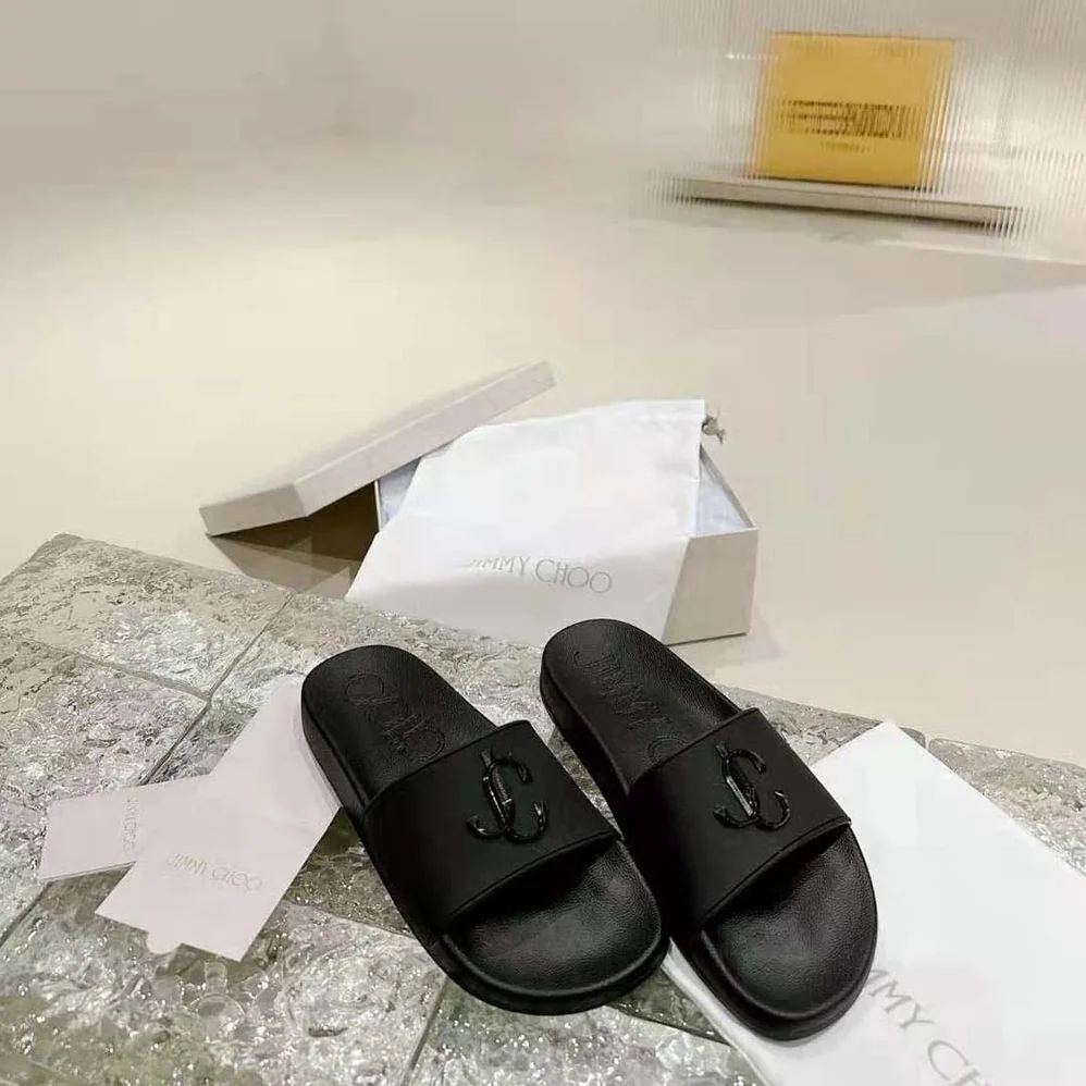 Jimmy Choo Port/F Black Rubber Slides with JC Monogram for Women Jimmy Choo Port/F Black Rubber Slides with JC Monogram for Women