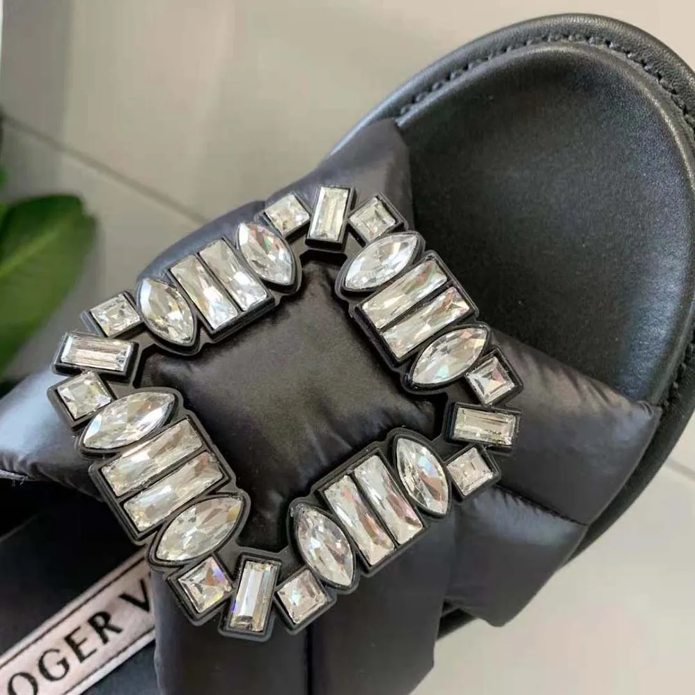 Roger Vivier Viv Winter Puffy Strass Buckle Sandals in Fabric for Women in Black Roger Vivier Viv Winter Puffy Strass Buckle Sandals in Fabric for Women in Black